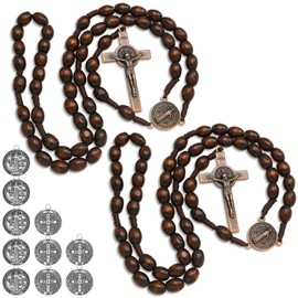 Aswitnove 2 Pack Catholic Handmade Wooden Rosary Necklace with 10Pcs 0.9 x 0.79 Inch St Benedict Medals, Christian Prayer Holy Soil Medal Rosary Beads Necklace Cross Religion Amulet Vintage Bronze