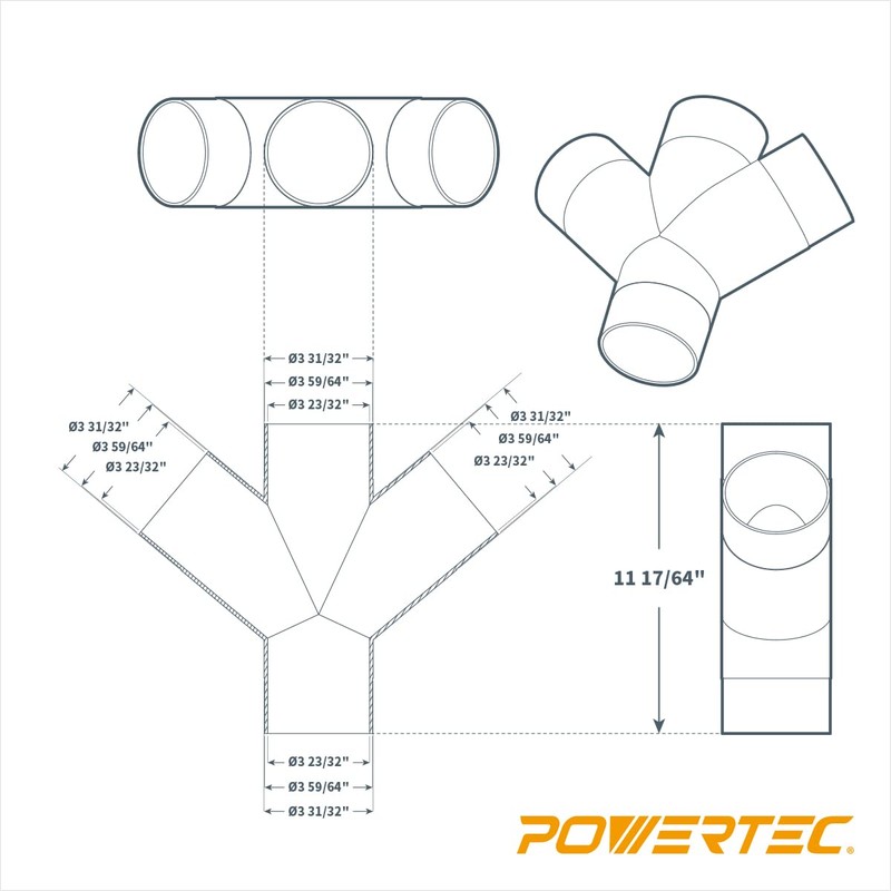 POWERTEC 70275V 3-Way Dust Collection Fitting for 4 in Hose