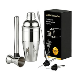 EPHVODI Cocktail Shaker Set of 6 Bar Cocktail Stainless Steel Shaker Set Cocktail Set 550ml Shaker 15/30ml Double Jug 26.2cm Bar Spoon and Fork Sake Set Bar Quality Tool for Beginner, Home and