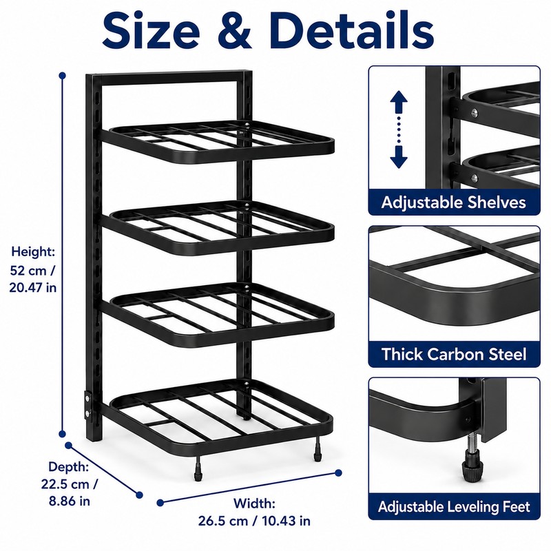 4-Tier Adjustable Pot Rack Organizer – Metal Kitchen Cabinet Shelf