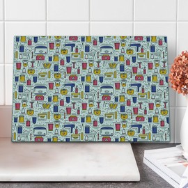 Ambesonne Hipster Cutting Board, Body Care Tools from Hair Dryer Toothbrush and Cosmetic Products Pattern, Decorative Tempered Glass Cutting and Serving Board, Large Size, White and Multicolor