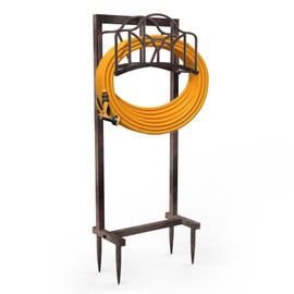 Ouinis Garden Hose Holder Hanger Freestanding, Upgraded 4-Spike Heavy Duty Storage Reel Stand, Holds 150ft Hose for Outside Yard Lawn (Rustic Line, Metal)