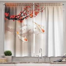 Lunarable Koi Fish Long Kitchen Curtains, Sakura Branch and Leaves Animals in Small Body of Water Oriental Style, Two Panels Drapes with Rod Pocket Room Decor, 55" X 45", Black Peach