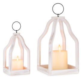 Staymoment Wood Decorative Candle Lanterns Set of 2, Indoor Farmhouse Hanging Candle Holder for Table Centerpiece Fireplace Mantle Shelf, 11" & 8" Bulk Rustic Home Decor Fall Ornaments, Whitewashed