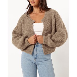 BTFBM Women's Chunky Knit Fall Cardigan 2024 Winter Long Sleeve Button Down Soft Loose Cropped Sweater Outerwear(Khaki, Small)