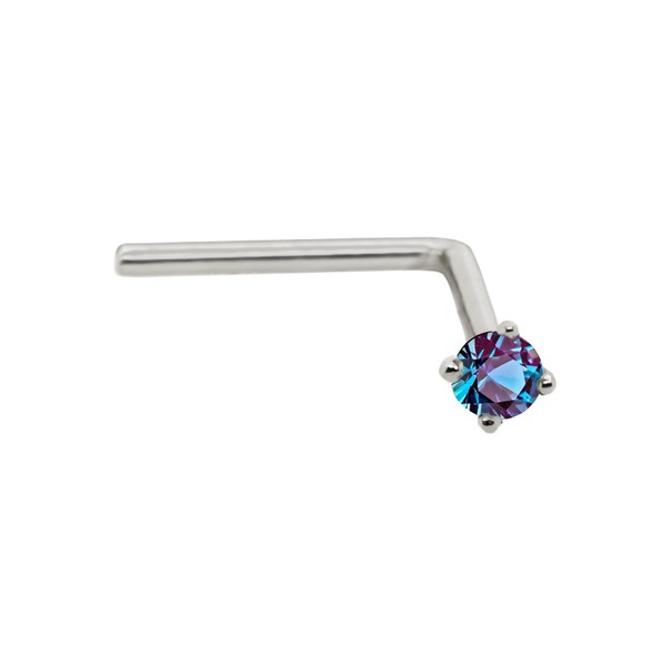 Solid 14K Gold L-Shape Stud Lab-Alexandrite 22G L-bend Nose Stud