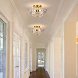 Tradetop Semi Flush Mount Ceiling Light, Gold Light Fixture Ceiling Mount with Scalloped Clear Glass Shade, 3 Lights Vintage Chandelier, Modern Farmhouse Lighting for Hallway Kitchen Bedroom Foyer,