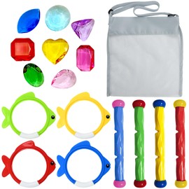 Pack of 17 Children's Pool Toy, Underwater Diving Toy Set with Diving Rods, Diving Rings, Diving Jewels Carry Bag, Diving Toy Children, Swimming Pool Toy for Boys Girls from 5-12 Years (B)