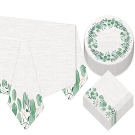 HOME & HOOPLA Botanical Garden Eucalyptus & Linen Paper Dessert Plates, Napkins, and Table Cover (Serves 16)