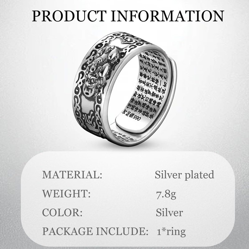 GAUEIOUR Feng Shui Ring Silver,Pixiu Lucky Silver Jewelry,Mani Mantra Protection