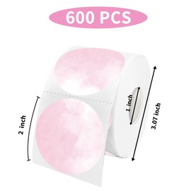 Starboling Thermal Labels,2 Inch Pink Watercolor Round Thermal Printer Stickers,Self-Adhesive Round Direct Thermal Labels,Thermal Stickers for DIY Logo Design,Name Tag,600 Labels/1 Roll