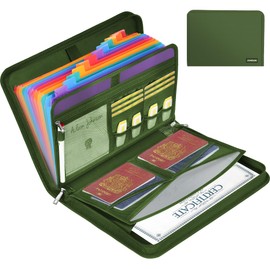 JUNDUN Accordion File Organizer - 12 Pocket Expanding File Folder with Zipper & Labels - Fireproof File Folder Organizer with Multi-Pockets,Document Organizer for Letter A4 Files and More (Green)