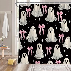 FJLLFJ Halloween Ghost Shower Curtain,Cute Spooky Bow Festival Black White Pink Polyester Bathroom Curtain with 12 Hooks,Bathtub Home Decor,70x70 Inch