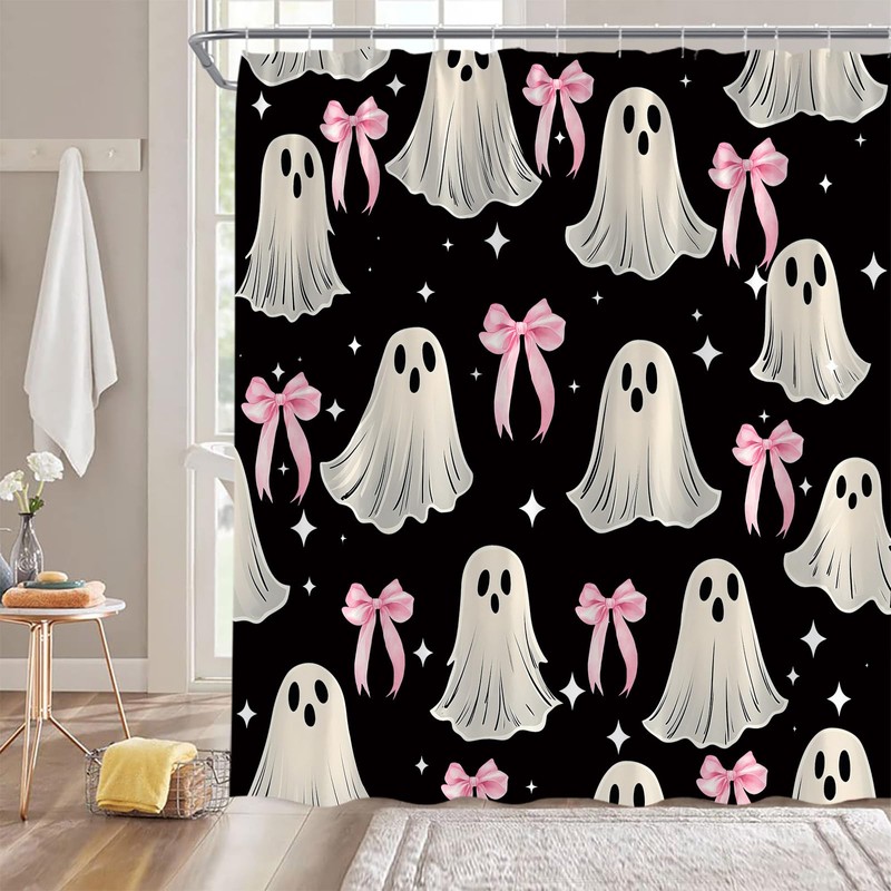 FJLLFJ Halloween Ghost Shower Curtain,Cute Spooky Bow Festival Black White