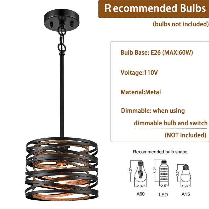 SHAWNKEY Industrial 1-Light Black Pendant Light with Wood Grain Finish