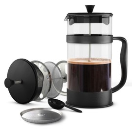 KICHLY 34 Ounce French Press Espresso and Tea Maker with Triple Filters, Stainless Steel Plunger and Heat Resistant Borosilicate Glass - Black