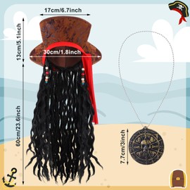 Shyyween Halloween Pirate Costume Accessories Pirate Hat with Dreadlocks, Skull Necklace Costume Halloween Fancy Dress up Accessory for Men Woman Cosplay