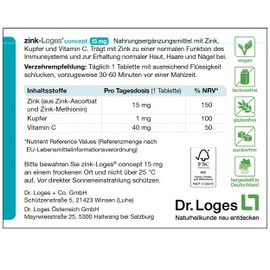 Zink-Loges® concept 15 mg - 30 tablets - for skin, hair, nails, immune system