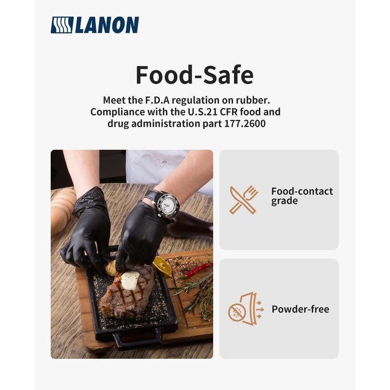 LANON 6-mil Black Nitrile Disposable Gloves, Food-Safe, Powder-Free, Heavy-Duty, Textured