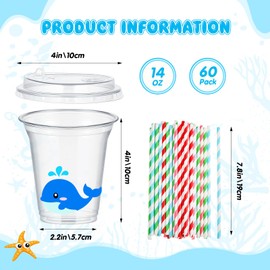 FoldTier 60 Set Under The Sea Plastic Cups Bulk 14 oz Disposable Clear Cups with Lids and Paper Straws for Summer Sea Beach Pool Birthday Party Favor Supplies Decorations