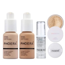 Phoera Foundation Full Coverage Makeup Set - Includes Nude & Buff Beige 30ml Matte Foundation, 6ml Face Primer & Cool Beige Setting Powder for All Day Wear Without Creasing, Caking, or Flashback