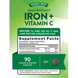 Nature's Truth Iron Plus Vitamin C Tablets | 65mg of Iron | 90 Count | High Potency | Vegan, Non-GMO & Gluten Free Supplement