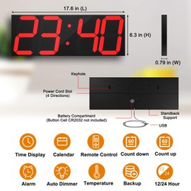 CHKOSDA LED Large Digital Wall Clock, Oversize Wall Clock with 6” Numbers, Remote Control Count up/Countdown Timer Clock, Auto Dimmer, Big Calendar and Thermometer(Red)
