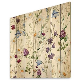 DesignQ Wildflowers Chamomile And Clover Bell I Traditional Wood Wall Decor, Purple Wood Wall Art, Large Floral Wood Wall Panels Printed On Natural Pine Wood Art