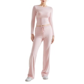 SUUKSESS Women 2 Piece Lounge Matching Sets Going Out Long Sleeve Tops Straight Wide Leg Pants (Pink, S)