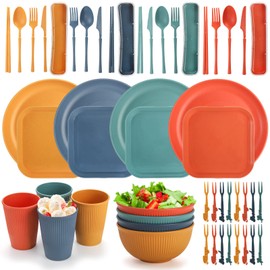 Lyellfe 44 Pieces Wheat Straw Dinnerware Sets, Unbreakable Camping Plates Cups and Bowls Set, Lightweight Kitchen Dish with Knives, Forks, Spoons, Dishwasher Microwave Safe