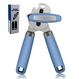 Can Opener with Oversized Easy-Turning Knob, Effort-Saving Manual Handheld Multifunctional Bottles Opener, Soft Touch Handle, Stainless Steel Sharp Cutting Blades, Blue