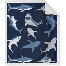 Jekeno Cartoon Shark Sherpa Blanket Blue Soft Warm Print Throw Blanket for Kids Adult Office Gift 50"x60"