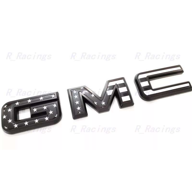 Auto Front & Rear GMC Black USA Flag OVERLAY Emblem