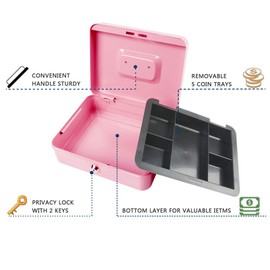 KYODOLED Large Metal Cash Box with Money Tray and Lock,Money Box with Cash Tray,Cash Drawer,9.84"x 7.87"x 3.54" Pink Large