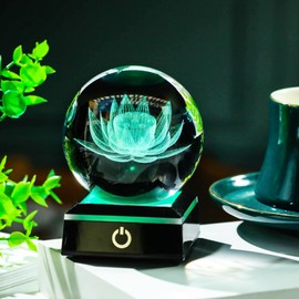 YWHL 80mm 3D Engraving Crystal Lotus Flower Figurine Ball with Light Base, Glass Lotus Flower Gifts for Women for Birthday Decorative Glass Ball Paperweight