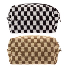 PAZIMIIK Checkered Makeup Bag for Purse Portable Zipper Make Up Pouch Small Cosmetic Case for Travel Accessories (2PCS Black Coffee)