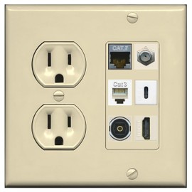 RiteAV Cat7 Coax HDMI Phone Toslink USB-C Wall Plate - Round Outlet [Ivory/Ivory]