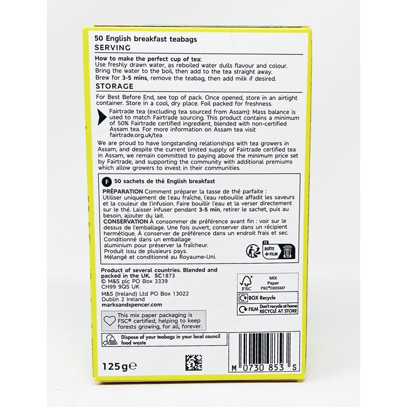 M&S Fairtrade English Breakfast 50 Tea Bags 125g- 2 Pack