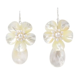 Aeravida Unique Mother of Pearl & Cultured Freshwater Pearl Flower .925 Sterling Silver Dangle Earrings | Classic Sterling Silver Dangle Earring for women | Anniversary Boho Jewelry | Gift for Women