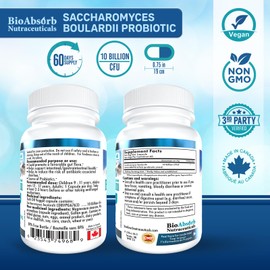 Bio Absorb Nutraceuticals Saccharomyces Boulardii Probiotic. 10 Billion CFU of S Boulardii. 60-Day Supply. Shelf-Stable, Vegan (60 Capsules)