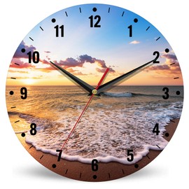 SPUNKER Clocks for Living Room,Ocean Beach Kitchen Wall Clock,Sea Sunrise Clocks 10 Inch Silent Non-Ticking Wall Battery Operated for Living Room Bedroom Bathroom Laundry Room Decor