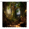 HYKHYK Library Shower Curtain Vinatge Bookshelf Magic Green Tree Forest