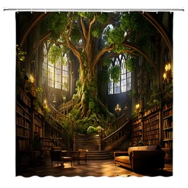 HYKHYK Library Shower Curtain Vinatge Bookshelf Magic Green Tree Forest Gothic Medieval Retro Castle Education Bathroom Curtain Set with Hooks(70" WX70 H)