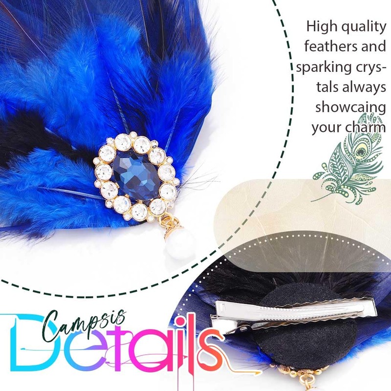 Campsis 1920s Feather Hair Clips Blue Rhinestone Fascinator Hair Clip