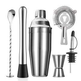 6-Piece Cocktail Shaker Set 24oz Shaker Strainer Muddler Jigger Mixing Spoon Pour Spout Bartender Kit Stainless Steel Bar Set Housewarming Gift