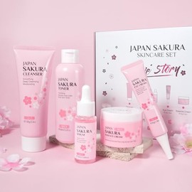 Sakura Gesichtspflege Set, 5 Stück hautpflege frauen feuchtigkeit, mit Gesichtsreinigung, Toner, Augencreme, Serum, Gesichtscreme, für Gesichts,Tagespflege und Nachtpflege Skincare Set (Großpackung)