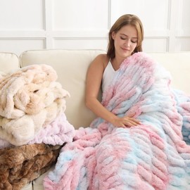 Softan Extra Soft Faux Fur Blanket, Warm Striped Faux Fur Throw Blanket with Flannel Fleece Reverse for Couch Sofa Bed Living Room, Pink Blue- 50"x 60"