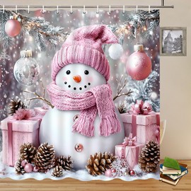 Yadshoti Christmas Shower Curtains Cute Snowman Rope Ball Winter Snow Scene Pine Branch Happy New Year Holiday Theme Xmas Bathroom Decor Polyester Curtain Set 70 x 70 Inch with Hooks