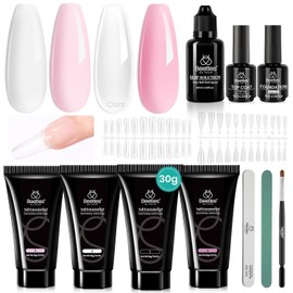 Beetles Kit Poly Gel para Uñas 4 Colores Rosa Blanco con Base Top Coat Slip Solution Moldes Dual Forms y Brocha Extensión UV LED para Manicure Primavera Verano DIY