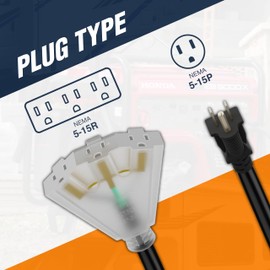 Lighted Outdoor Extension Cord 3 Electrical Power Outlets Fan Style by Journeyman-Pro 12/3 SJTW Heavy Duty Black Cable 3 Prong Grounded Plug 15 AMP | 2, 10, 25, 50 Foot (Black - 25 FT)